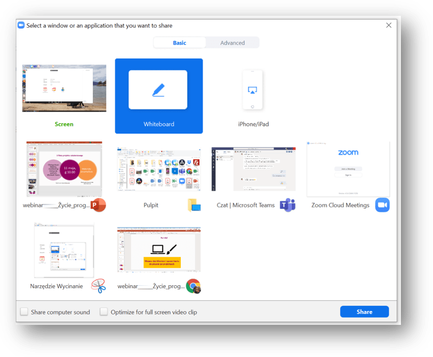 Zoom dzielenie ekranu